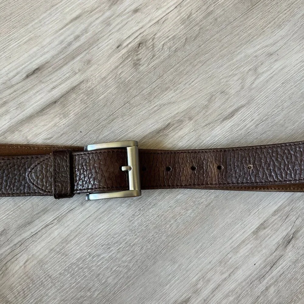 Dark Brown Men's Textured Genuine Leather Belt with Heavy Silver Buckle Size 44